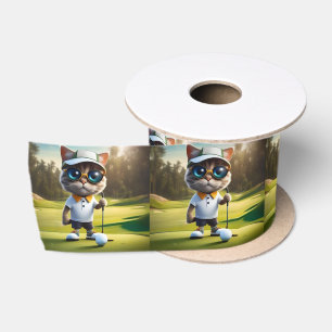 Funny Animated Cat Golf Player, Satin Ribbon