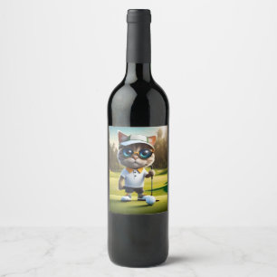 Funny Animated Cat Golf Player, Wine Label
