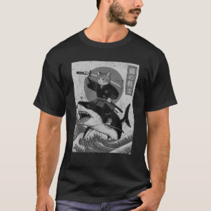 Funny Anime Cat Japanese Vintage Samurai Cat Ridin T-Shirt