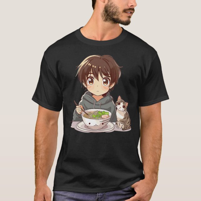 Funny Anime Cat Ramen Graphic T-Shirt (Front)