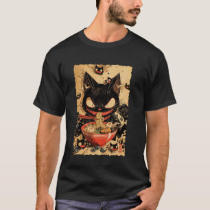 Funny Anime Japanese Art Black Cat Eating Ramen No T-Shirt