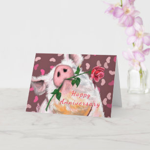 Funny Anniversary Card Gentleman Pig with Rose