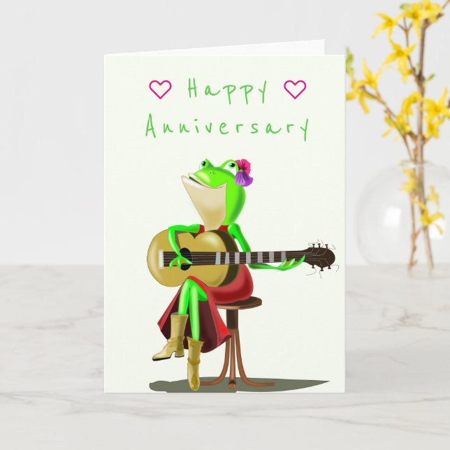 Funny Anniversary Card Happy Frog Guitar Player (Yellow Flower)