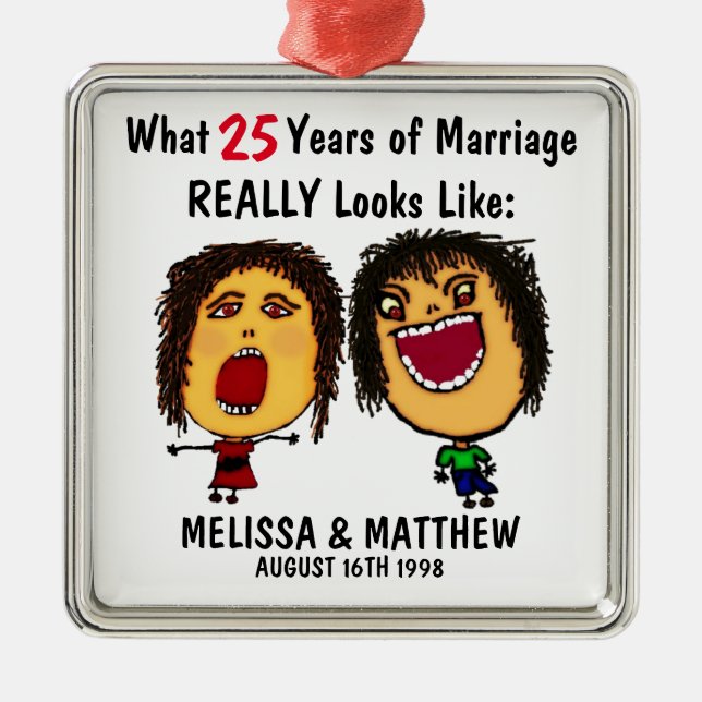 Funny Anniversary Couple Cartoon Metal Tree Decoration (Front)
