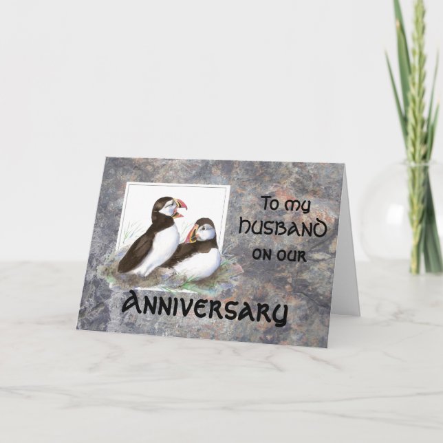 Funny Anniversary, Husband, Cute Puffin Birds Holiday Card (Front)