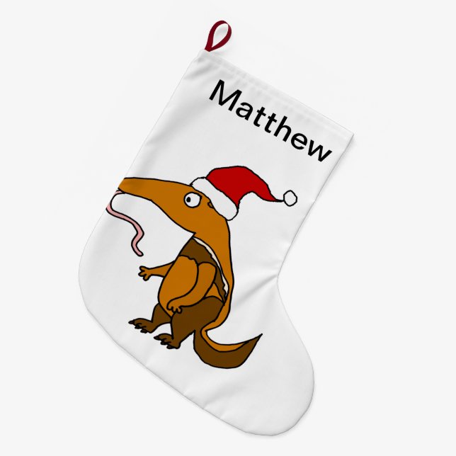 Funny Anteater in Santa hat Christmas Cartoon Large Christmas Stocking (Front (Hanging))