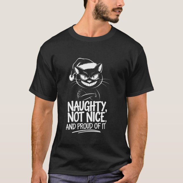Funny Anti Christmas Cat Santa Hat Naughty Not Nic T-Shirt (Front)
