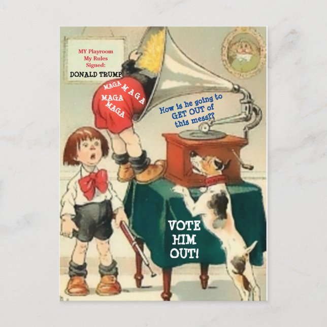 Funny Anti-Trump and Vintage Phonograph altered Postcard (Front)