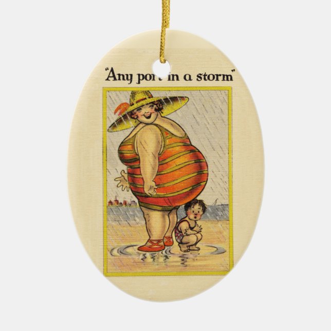 Funny Antique Couple on Beach Oddity Ceramic Tree Decoration (Front)