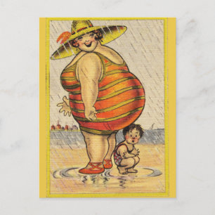 Funny Antique Couple on Beach Oddity Postcard