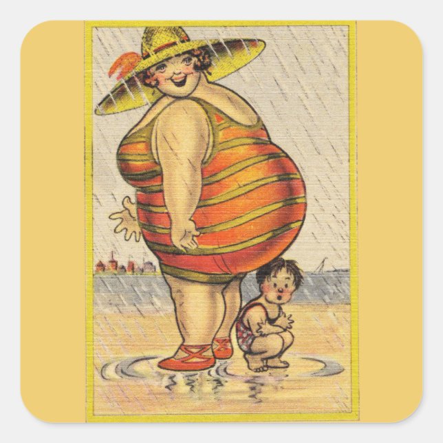 Funny Antique Couple on Beach Oddity Square Sticker (Front)