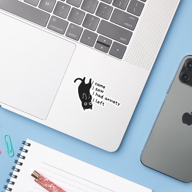 Funny Anxiety Cat Sticker – Introvert (Laptop w/ iPhone)