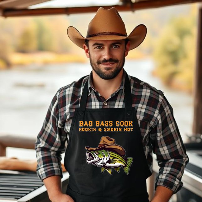 Funny Apron for Him-Fish with a Cowboy Hat  (Funny Apron for Him-Bass Fish with a cowboy hat-Fisherman Core-Father's Day Gift, Gift for him )