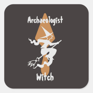 Funny Archaeologist Witch on a Broom Square Sticker