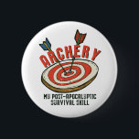 Funny Archery My Post-Apocalyptic Survival Skill 6 Cm Round Badge<br><div class="desc">Archery is my post-apocalyptic survival skill. Funny archery design for archers, those who love shooting arrow at bullseye target. Cool and awesome merchandise for archery club members and hunters who still use hunting bow. Perfect for athlete, arrow shooter and fans of this mediaeval sport. Vintage and retro graphic illustration of...</div>