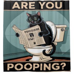 Funny "Are You Pooping?" Black Cat on Toilet Shower Curtain