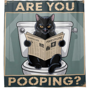 Funny "Are You Pooping?" Black Cat on Toilet Shower Curtain