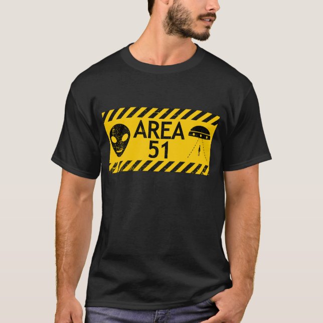 Funny Area 51 Alien Warning Sign Design Humour Tee (Front)