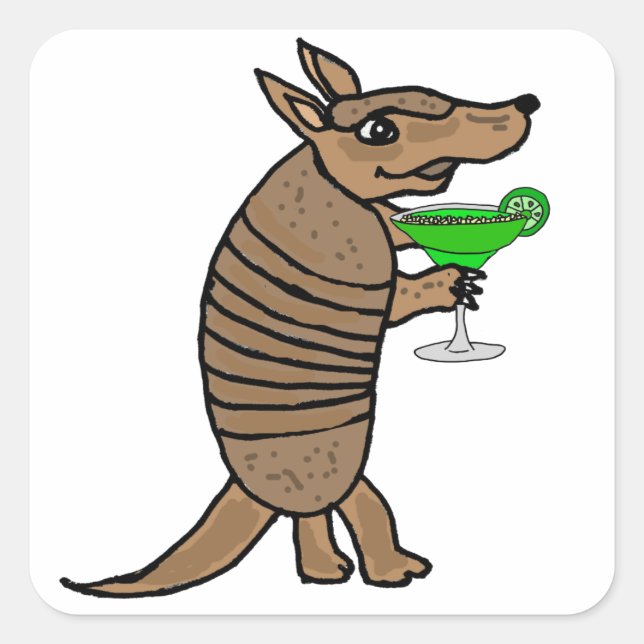 Funny Armadillo Drinking Margarita Art Square Sticker (Front)