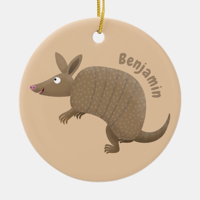 Funny armadillo happy cartoon illustration ceramic tree decoration (Front)