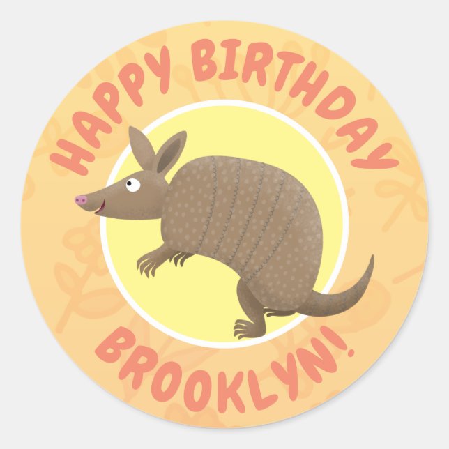 Funny armadillo happy cartoon illustration classic round sticker (Front)