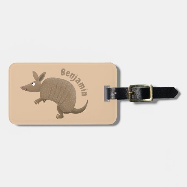 Funny armadillo happy cartoon illustration luggage tag (Front Horizontal)