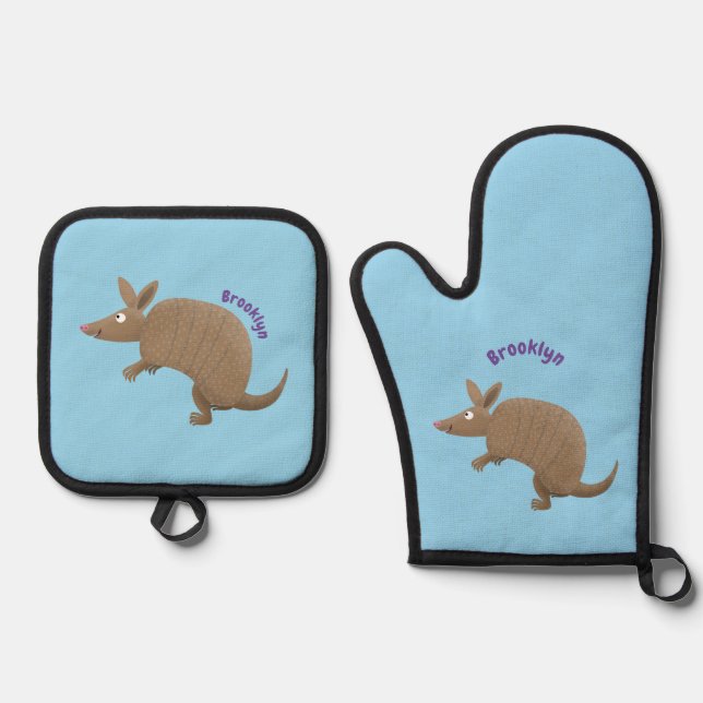 Funny armadillo happy cartoon illustration oven mitt & pot holder set (Front)