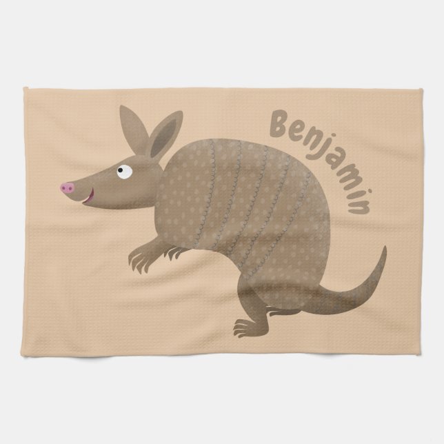 Funny armadillo happy cartoon illustration tea towel (Horizontal)