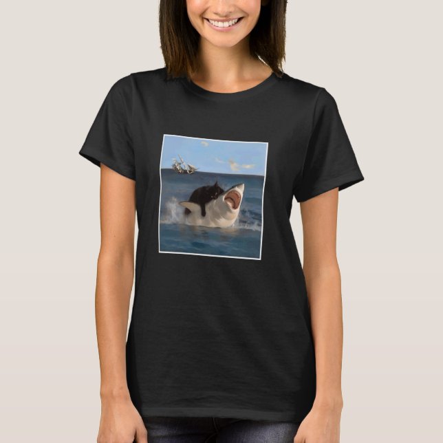funny Art & Cat Lover Quote Cat Biting Shark Cool  T-Shirt (Front)