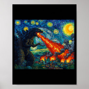 Funny Art Japanese Monster Kaiju In Van Gogh Starr Poster