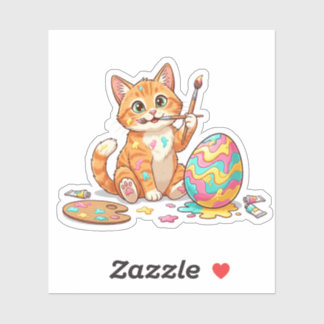 Funny Artist Cat Painting Easter Egg Messy Sticker