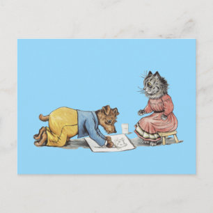 funny artist dog drawing a cat postcard