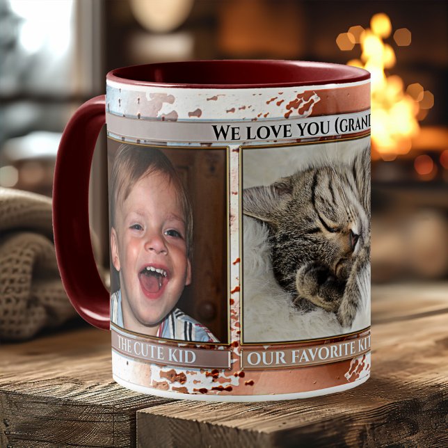 Funny Artistic Blue Brown Cute Photo Mug (Funny photo mug featuring 3 photos of your favorite family members framed by an artistic design)