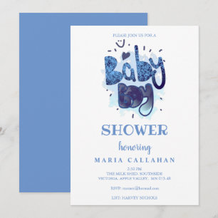 Funny Artistic Typography Blue Baby Boy Shower Invitation