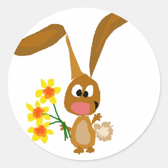 Funny Artsy Bunny Rabbit Holding Daffodil Flowers Classic Round Sticker (Front)