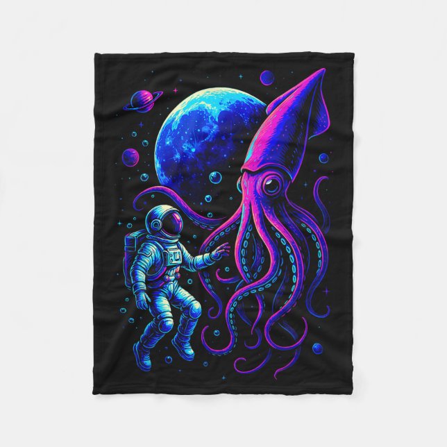 Funny Astronaut And Squid In Underwater Space With Fleece Blanket (Front)