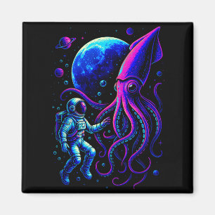Funny Astronaut And Squid In Underwater Space With Magnet