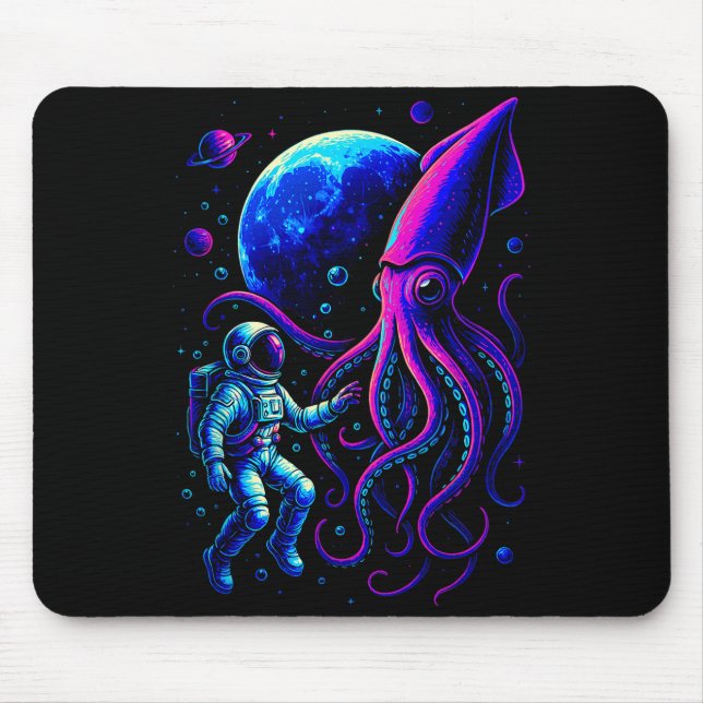 Funny Astronaut And Squid In Underwater Space With Mouse Mat (Front)