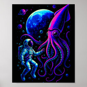 Funny Astronaut And Squid In Underwater Space With Poster