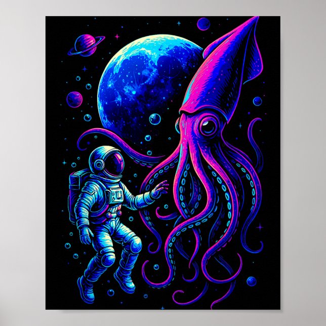 Funny Astronaut And Squid In Underwater Space With Poster (Front)