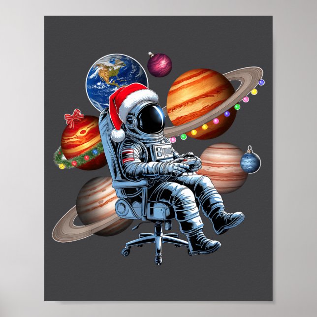 Funny Astronaut Christmas Space Lights Santa Hat P Poster (Front)