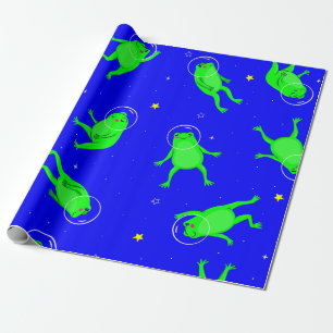 funny astronaut frogs space blue wrapping paper