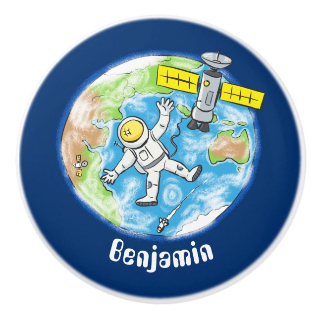 Funny astronaut in space and earth cartoon ceramic knob (Front)