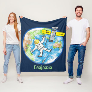 Funny astronaut in space and earth cartoon fleece blanket