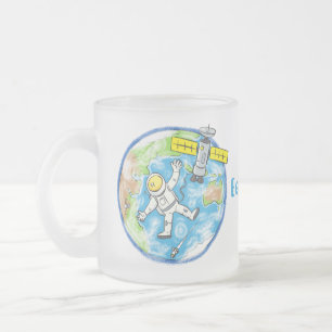 Funny astronaut in space and earth cartoon frosted glass coffee mug