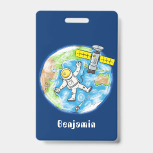 Funny astronaut in space and earth cartoon ID badge
