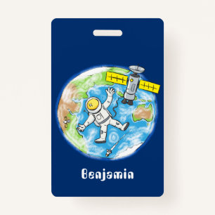 Funny astronaut in space and earth cartoon ID badge