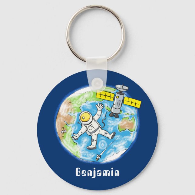 Funny astronaut in space and earth cartoon key ring (Front)