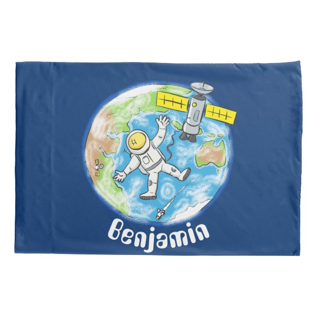 Funny astronaut in space and earth cartoon pillowcase (Back)