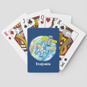 Funny astronaut in space and earth cartoon playing cards